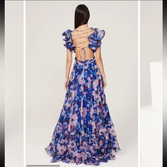 Mac Duggal Blue Floral Ruffle Tiered Dress size 4 - Picture 2 of 5